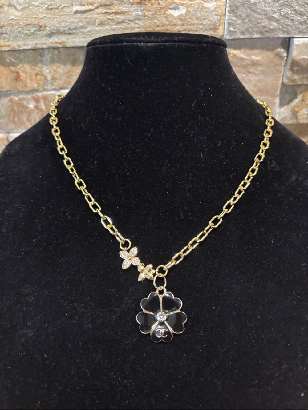 Gold Tone Floral Pendant Necklace with Crystal Accent
